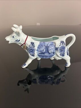 Blue & White Cow-Shaped Ceramic Creamer with Windmill Motif